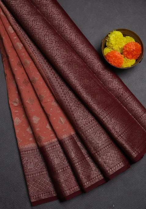 Semi Chiniya Silk Saree Dark Peach And Deep Maroon With Allover Thread Zari Weaves And Woven Border With Traditional Woven Design For Women
