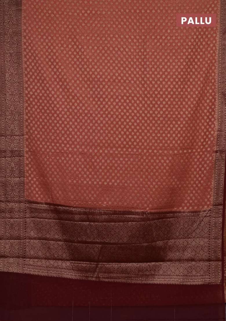 Semi Chiniya Silk Saree Dark Peach And Deep Maroon With Allover Thread Zari Woven Buttas And Woven Border With Buttas And Brocade Design For Women - Indya