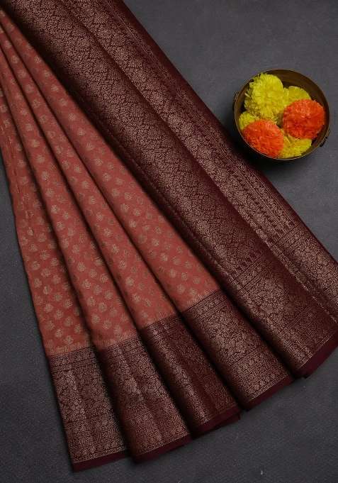 Semi Chiniya Silk Saree Dark Peach And Deep Maroon With Allover Thread Zari Woven Buttas And Woven Border With Buttas And Brocade Design For Women