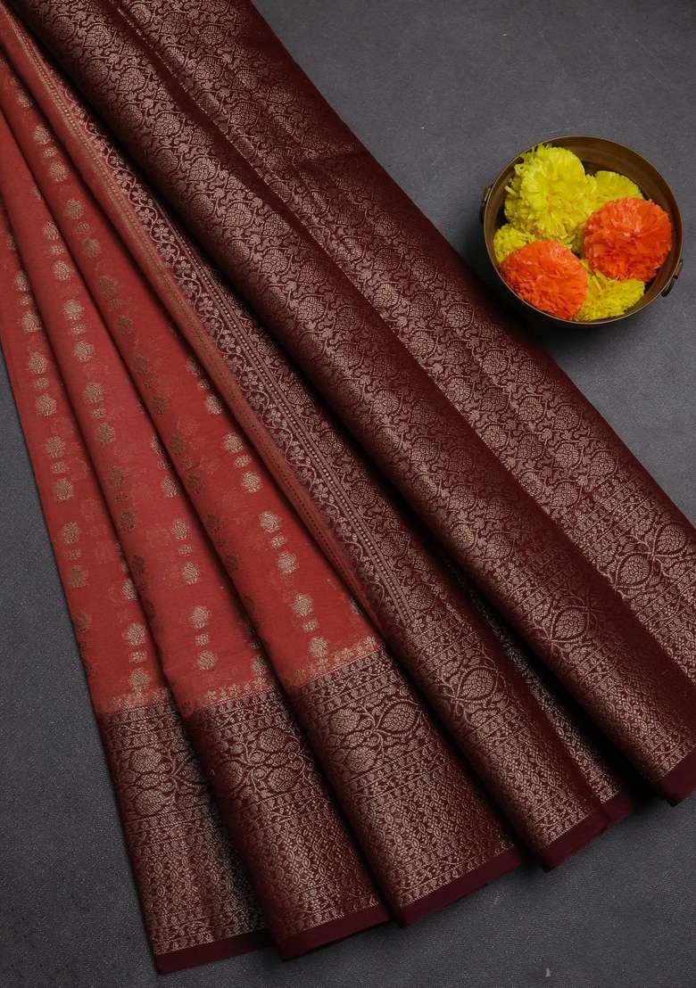 Semi Chiniya Silk Saree Dark Peach And Deep Maroon With Allover Thread Zari Woven Buttas And Woven Border With Buttas And Brocade Design For Women - Indya