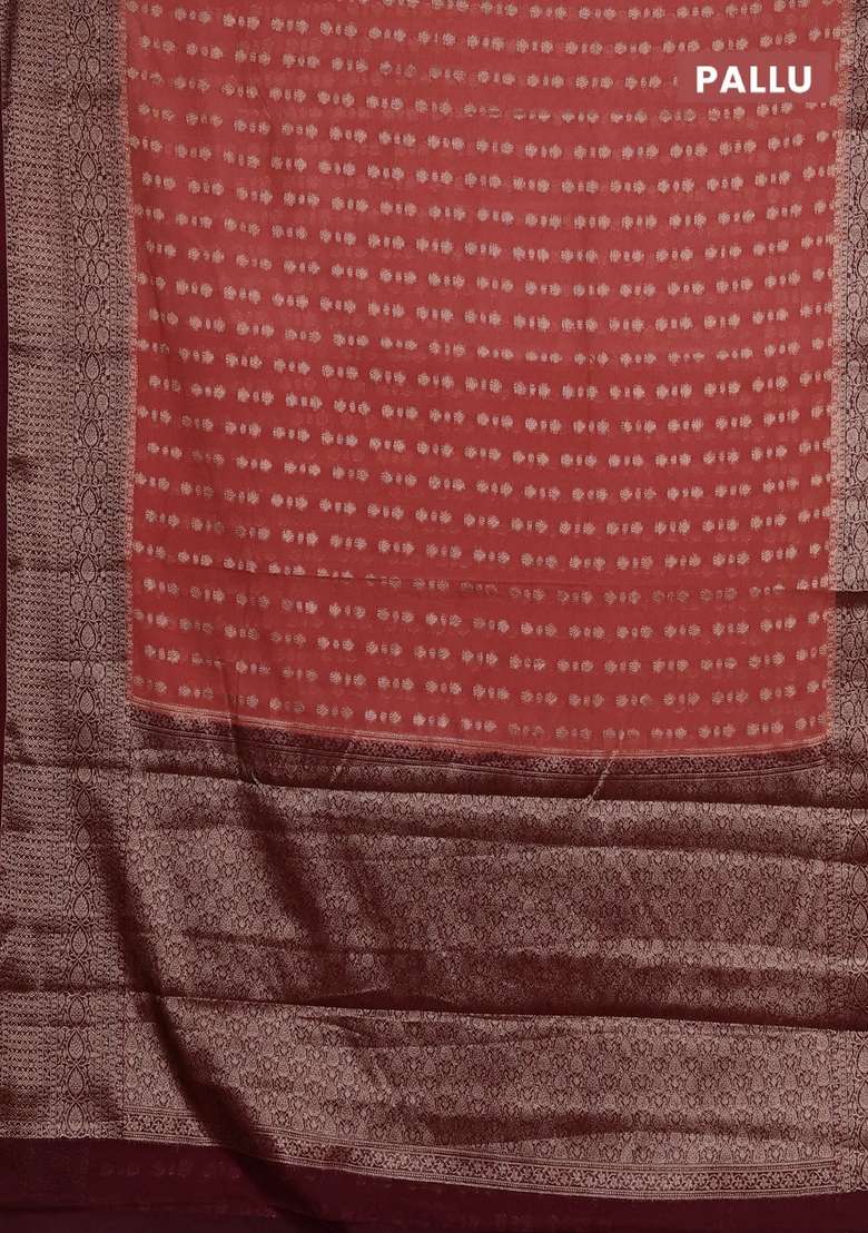 Semi Chiniya Silk Saree Dark Peach And Deep Maroon With Allover Thread Zari Woven Buttas And Woven Border With Buttas And Brocade Design For Women - Indya