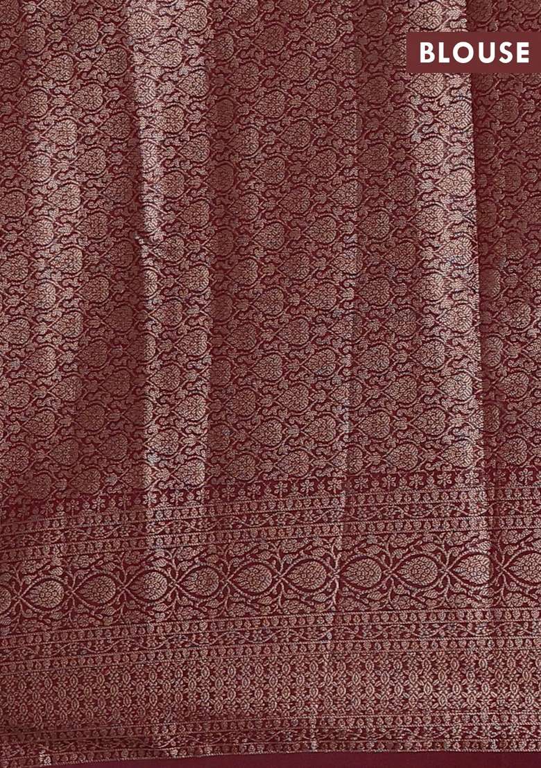 Semi Chiniya Silk Saree Dark Peach And Deep Maroon With Allover Thread Zari Woven Buttas And Woven Border With Buttas And Brocade Design For Women - Indya