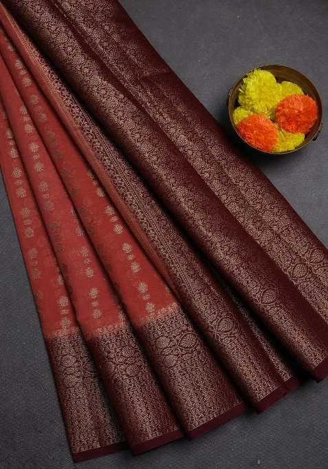 Semi Chiniya Silk Saree Dark Peach And Deep Maroon With Allover Thread Zari Woven Buttas And Woven Border With Buttas And Brocade Design For Women