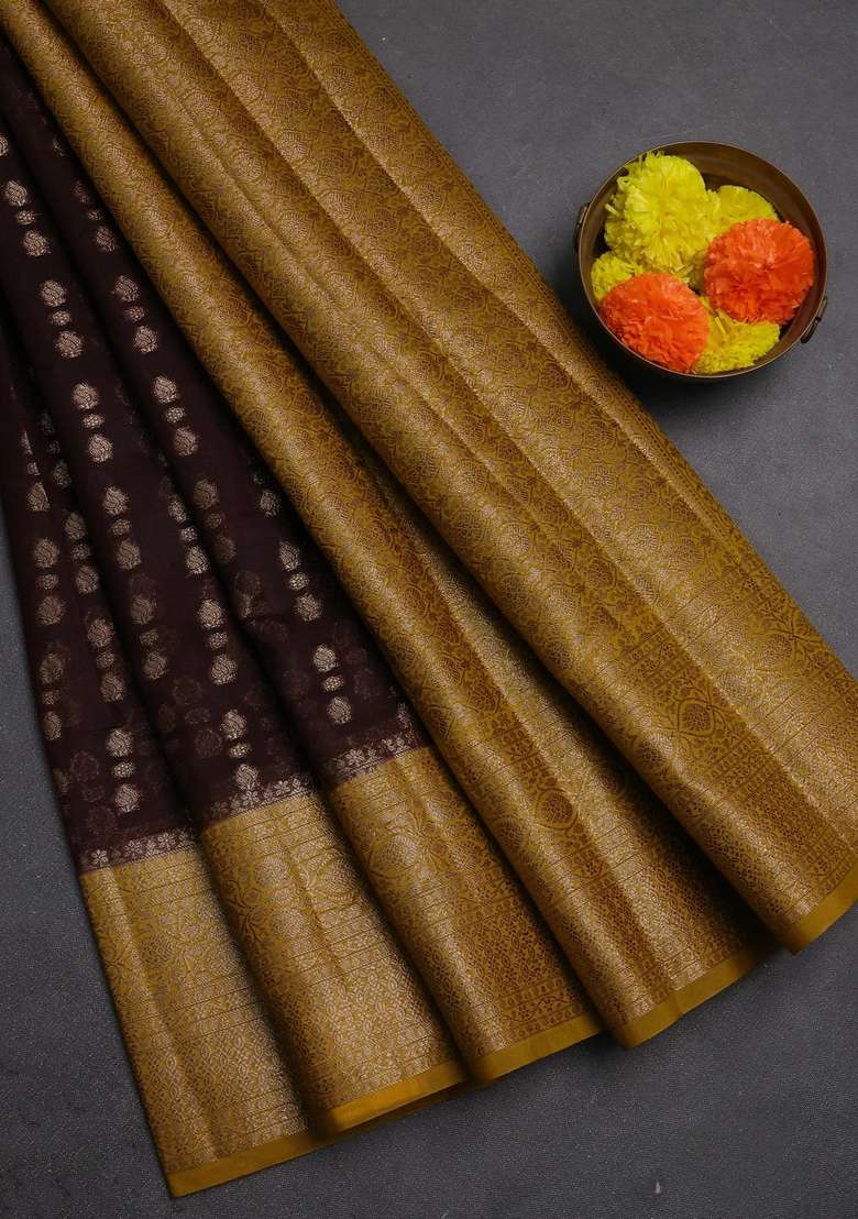Semi Chiniya Silk Saree Coffee Brown And Dark Mustard With Allover Thread Zari Woven Buttas And Woven Border With Buttas And Brocade Design For Women - Indya