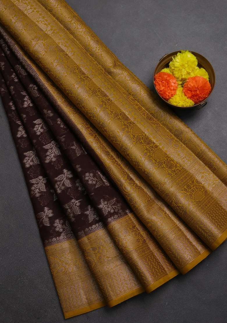 Semi Chiniya Silk Saree Coffee Brown And Dark Mustard With Allover Thread Zari Woven Buttas And Woven Border With Buttas And Brocade Design For Women - Indya