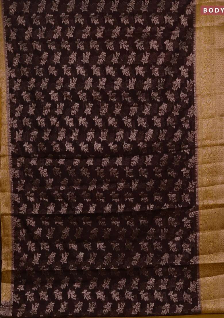 Semi Chiniya Silk Saree Coffee Brown And Dark Mustard With Allover Thread Zari Woven Buttas And Woven Border With Buttas And Brocade Design For Women - Indya