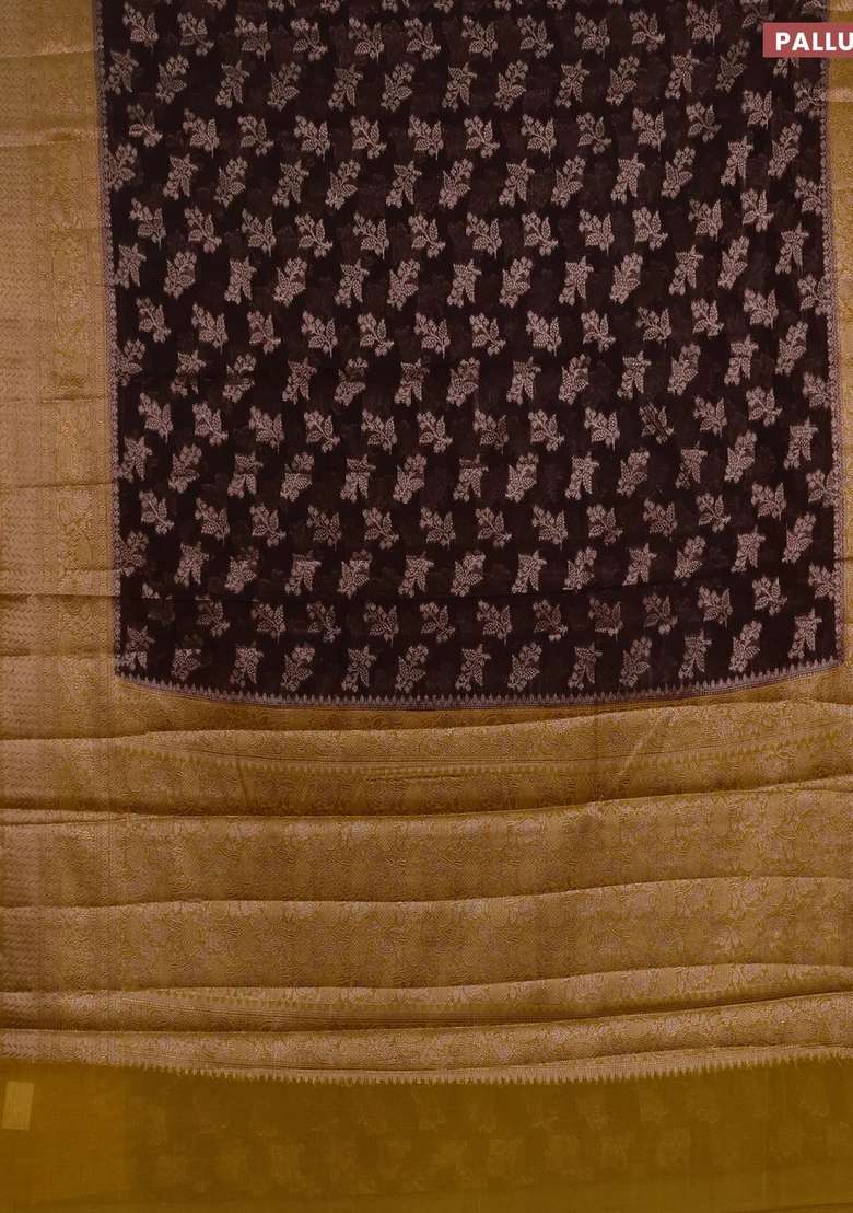 Semi Chiniya Silk Saree Coffee Brown And Dark Mustard With Allover Thread Zari Woven Buttas And Woven Border With Buttas And Brocade Design For Women - Indya