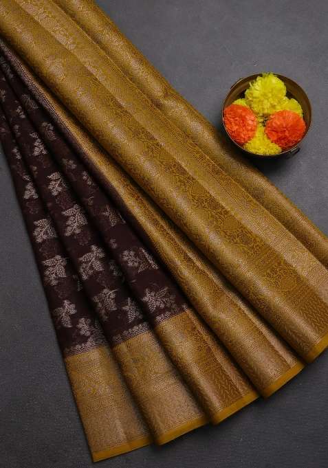 Semi Chiniya Silk Saree Coffee Brown And Dark Mustard With Allover Thread Zari Woven Buttas And Woven Border With Buttas And Brocade Design For Women