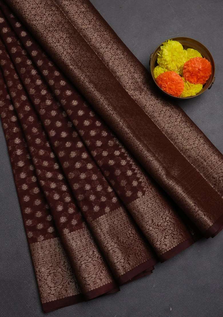 Semi Chiniya Silk Saree Brown With Allover Thread Zari Woven Buttas And Woven Border With Buttas And Brocade Design For Women - Indya