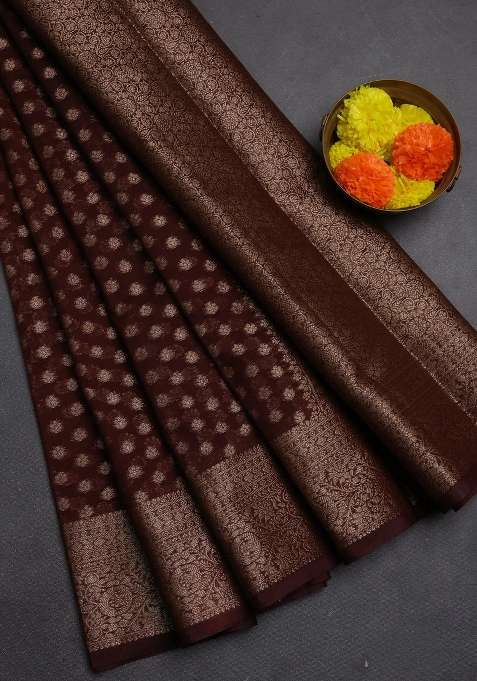 Semi Chiniya Silk Saree Brown With Allover Thread Zari Woven Buttas And Woven Border With Buttas And Brocade Design For Women