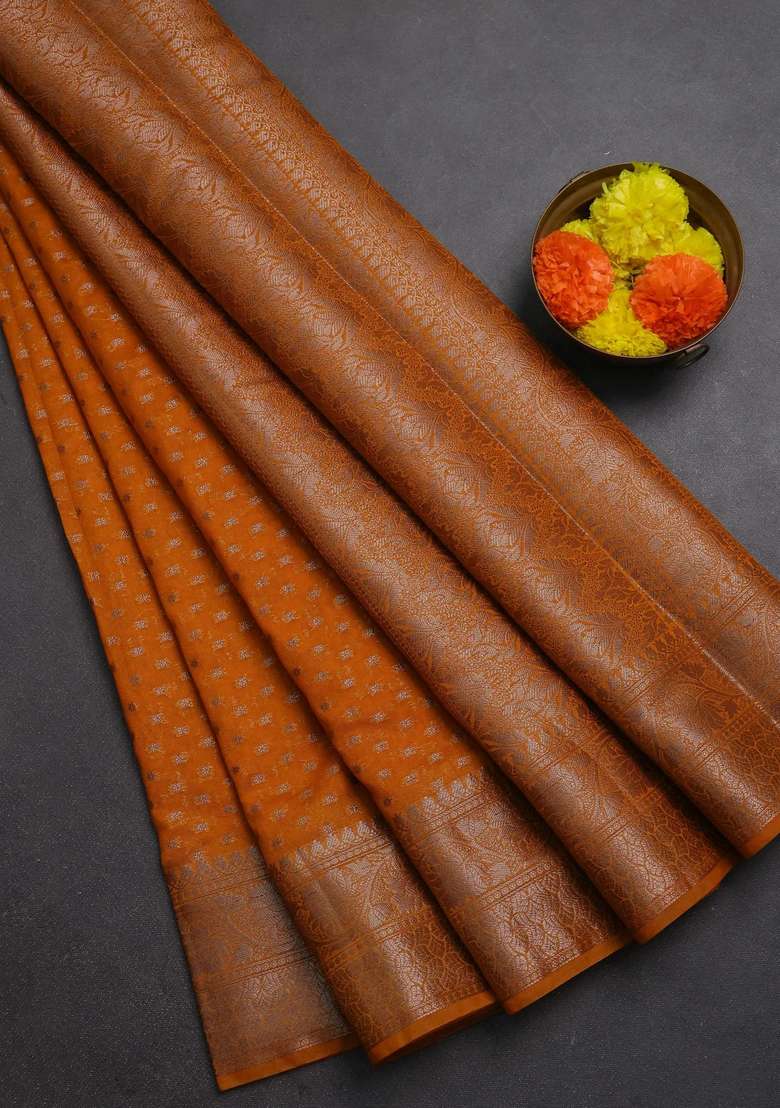 Semi Chiniya Silk Saree Mango Yellow With Allover Thread Zari Woven Buttas And Woven Border With Buttas And Brocade Design For Women - Indya