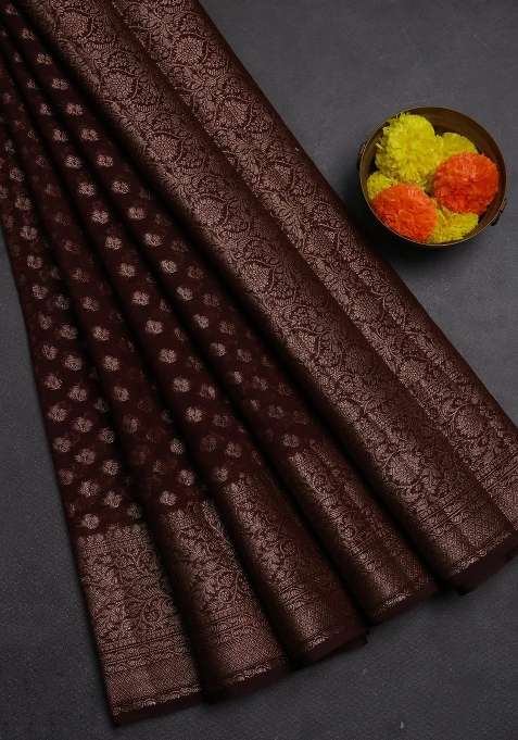 Semi Chiniya Silk Saree Coffee Brown With Allover Thread Zari Weaves And Woven Border With Traditional Woven Design For Women