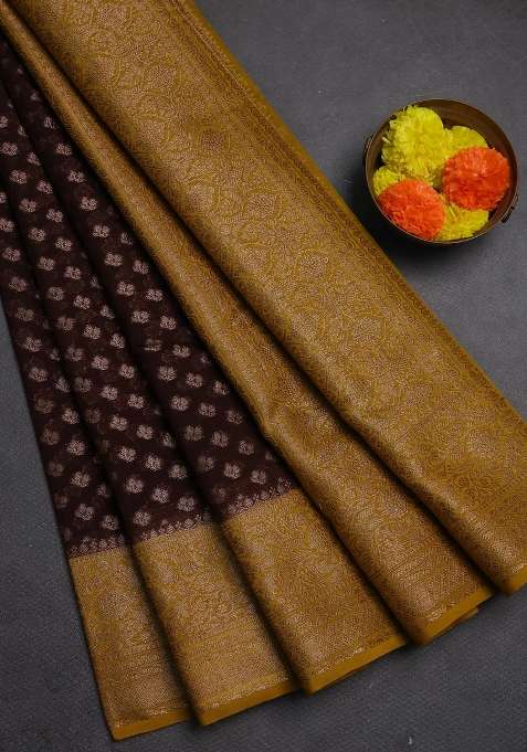 Semi Chiniya Silk Saree Coffee Brown And Dark Mustard With Allover Thread Zari Weaves And Woven Border With Traditional Woven Design For Women