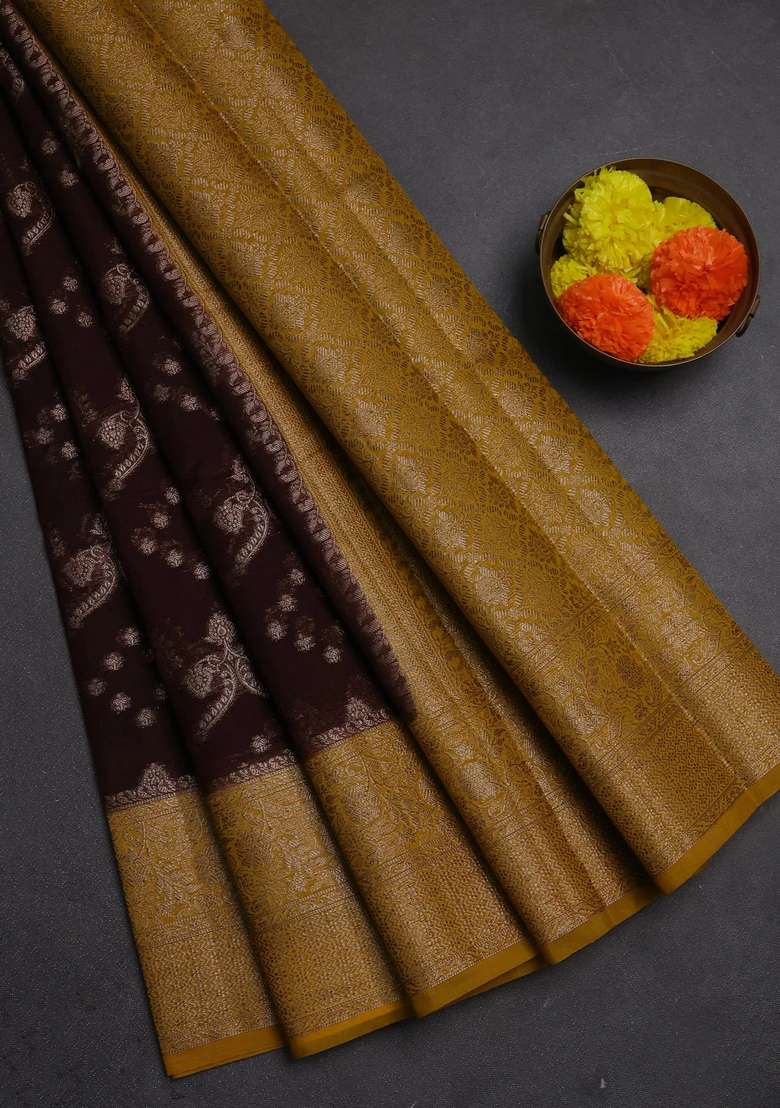 Semi Chiniya Silk Saree Coffee Brown And Dark Mustard With Allover Thread Zari Weaves And Woven Border With Traditional Woven Design For Women - Indya