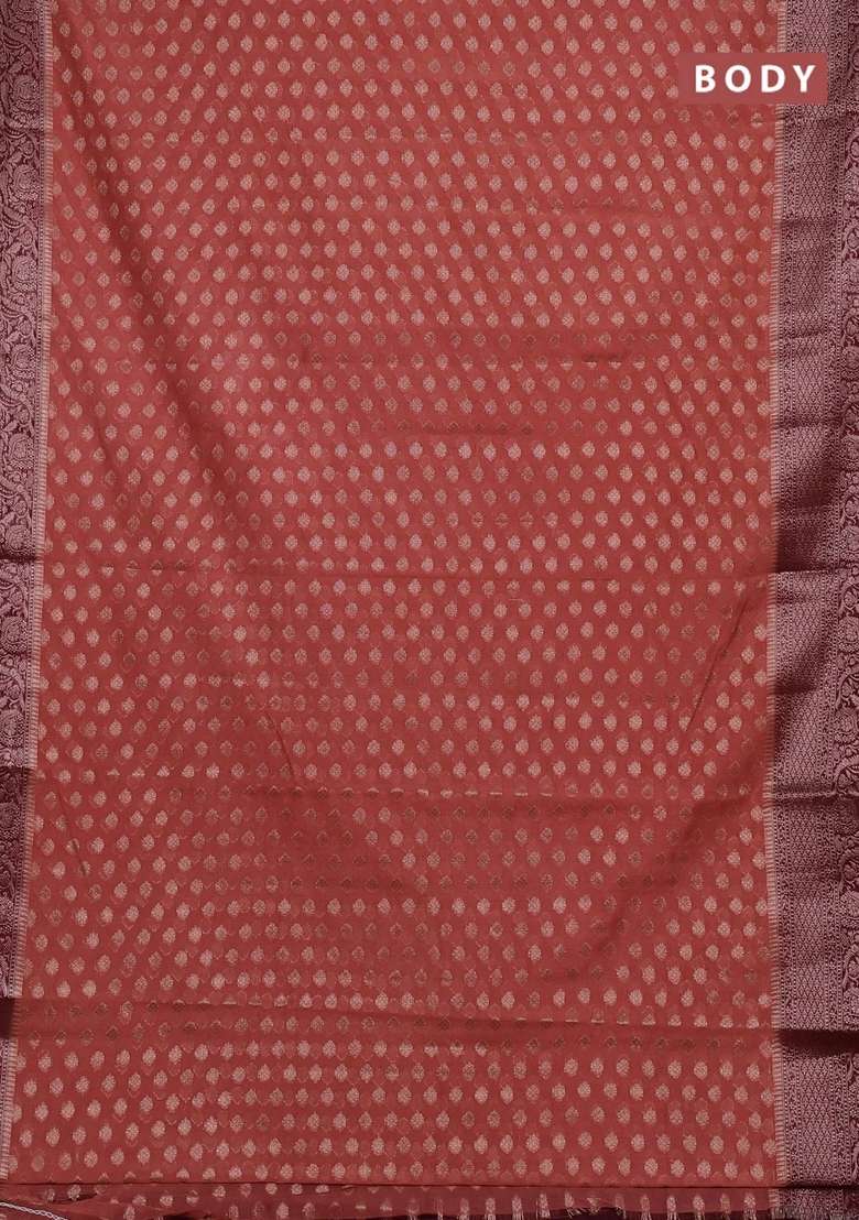 Semi Chiniya Silk Saree Dark Peach And Maroon With Allover Thread Zari Woven Buttas And Woven Border With Buttas And Brocade Design For Women - Indya