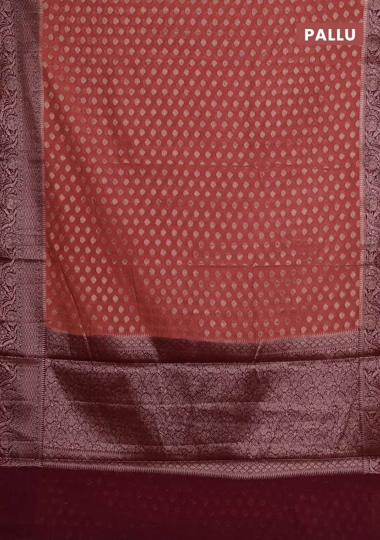 Semi Chiniya Silk Saree Dark Peach And Maroon With Allover Thread Zari Woven Buttas And Woven Border With Buttas And Brocade Design For Women - Indya
