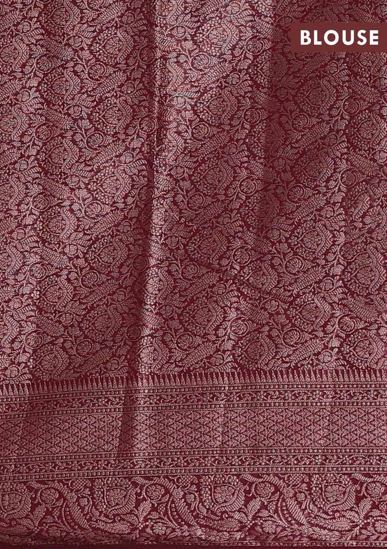 Semi Chiniya Silk Saree Dark Peach And Maroon With Allover Thread Zari Woven Buttas And Woven Border With Buttas And Brocade Design For Women - Indya
