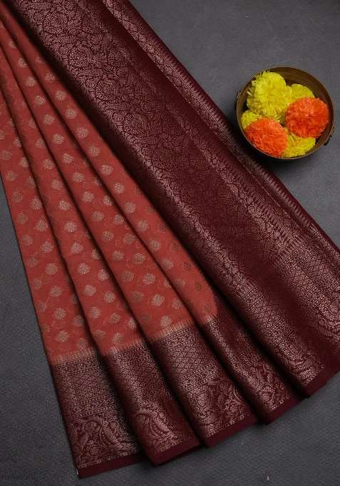 Semi Chiniya Silk Saree Dark Peach And Maroon With Allover Thread Zari Woven Buttas And Woven Border With Buttas And Brocade Design For Women