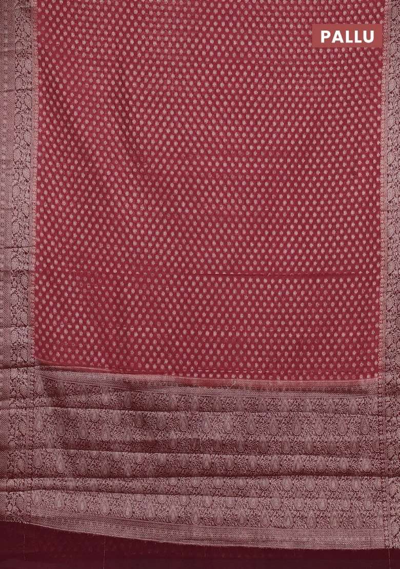Semi Chiniya Silk Saree Dark Peach And Deep Maroon With Allover Thread Zari Woven Buttas And Woven Border With Buttas And Brocade Design For Women - Indya