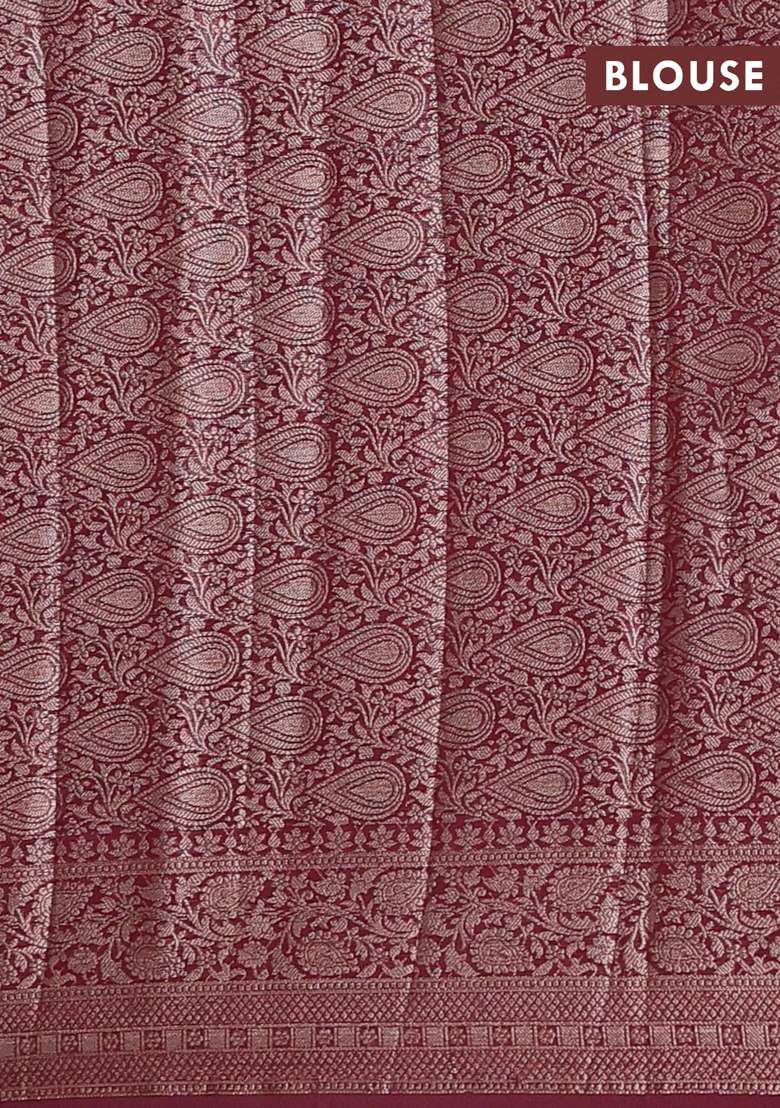 Semi Chiniya Silk Saree Dark Peach And Deep Maroon With Allover Thread Zari Woven Buttas And Woven Border With Buttas And Brocade Design For Women - Indya