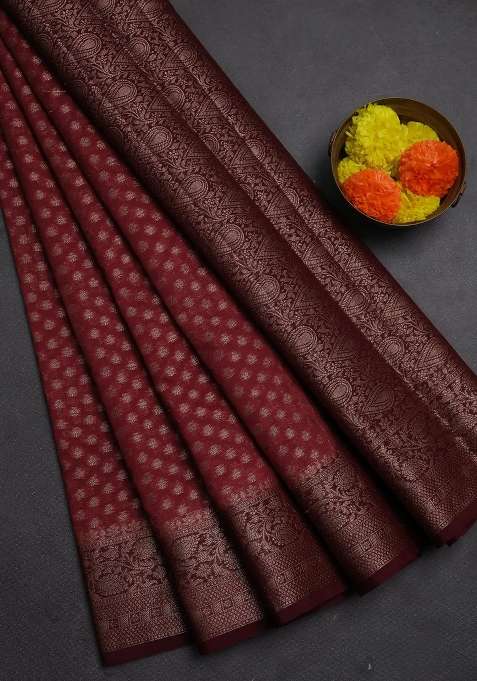 Semi Chiniya Silk Saree Dark Peach And Deep Maroon With Allover Thread Zari Woven Buttas And Woven Border With Buttas And Brocade Design For Women