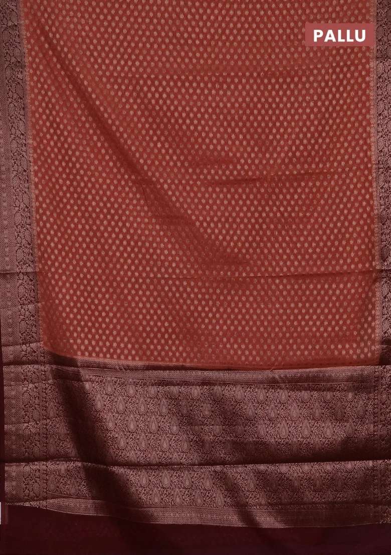 Semi Chiniya Silk Saree Dark Peach And Deep Maroon With Allover Thread Zari Woven Buttas And Woven Border With Buttas And Brocade Design For Women - Indya