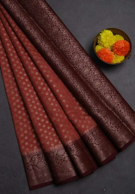 Semi Chiniya Silk Saree Dark Peach And Deep Maroon With Allover Thread Zari Woven Buttas And Woven Border With Buttas And Brocade Design For Women