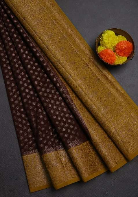Semi Chiniya Silk Saree Coffee Brown And Dark Mustard With Allover Thread Zari Woven Buttas And Woven Border With Buttas And Brocade Design For Women