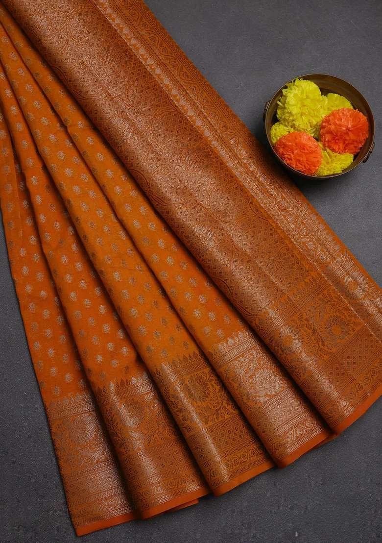 Semi Chiniya Silk Saree Mango Yellow With Allover Thread Zari Woven Buttas And Woven Border With Buttas And Brocade Design For Women - Indya