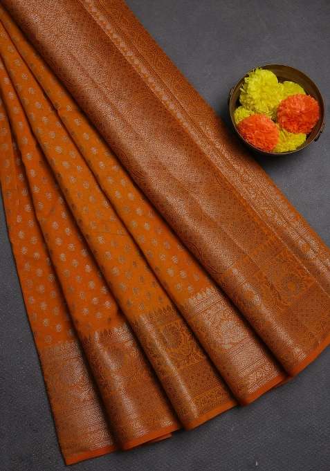 Semi Chiniya Silk Saree Mango Yellow With Allover Thread Zari Woven Buttas And Woven Border With Buttas And Brocade Design For Women