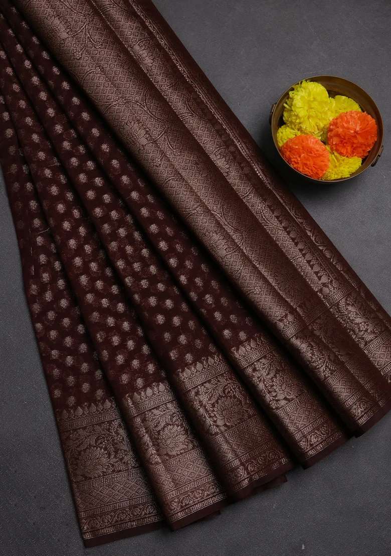 Semi Chiniya Silk Saree Coffee Brown With Allover Thread Zari Woven Buttas And Woven Border With Buttas And Brocade Design For Women - Indya