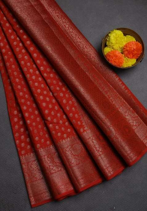 Semi Chiniya Silk Saree Rustic Orange With Allover Thread Zari Woven Buttas And Woven Border With Buttas And Brocade Design For Women