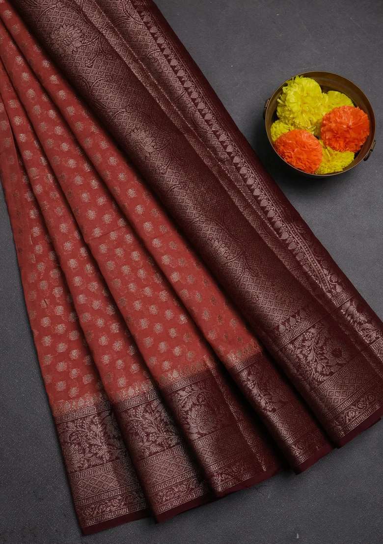 Semi Chiniya Silk Saree Dark Peach And Wine Shade With Allover Thread Zari Woven Buttas And Woven Border With Buttas And Brocade Design For Women - Indya