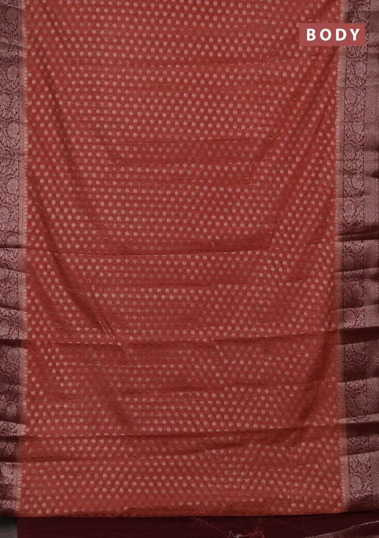 Semi Chiniya Silk Saree Dark Peach And Wine Shade With Allover Thread Zari Woven Buttas And Woven Border With Buttas And Brocade Design For Women - Indya