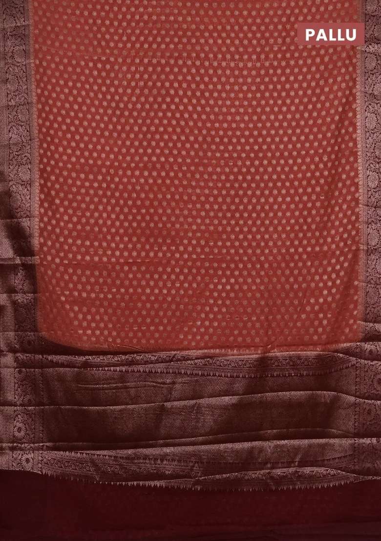 Semi Chiniya Silk Saree Dark Peach And Wine Shade With Allover Thread Zari Woven Buttas And Woven Border With Buttas And Brocade Design For Women - Indya