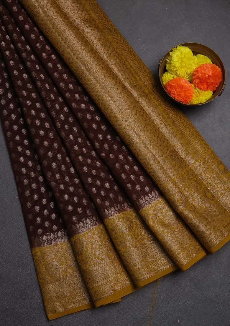 Semi Chiniya Silk Saree Coffee Brown And Dark Mustard With Allover Thread Zari Woven Buttas And Woven Border With Buttas And Brocade Design For Women - Indya