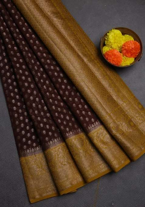 Semi Chiniya Silk Saree Coffee Brown And Dark Mustard With Allover Thread Zari Woven Buttas And Woven Border With Buttas And Brocade Design For Women