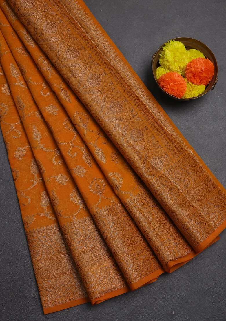 Semi Chiniya Silk Saree Mango Yellow With Allover Thread Zari Weaves And Long Woven Border With Traditional Woven Design For Women - Indya