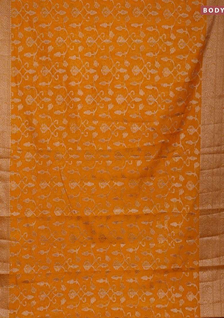 Semi Chiniya Silk Saree Mango Yellow With Allover Thread Zari Weaves And Long Woven Border With Traditional Woven Design For Women - Indya