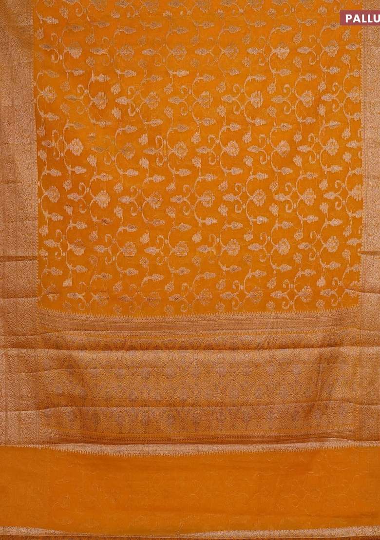 Semi Chiniya Silk Saree Mango Yellow With Allover Thread Zari Weaves And Long Woven Border With Traditional Woven Design For Women - Indya