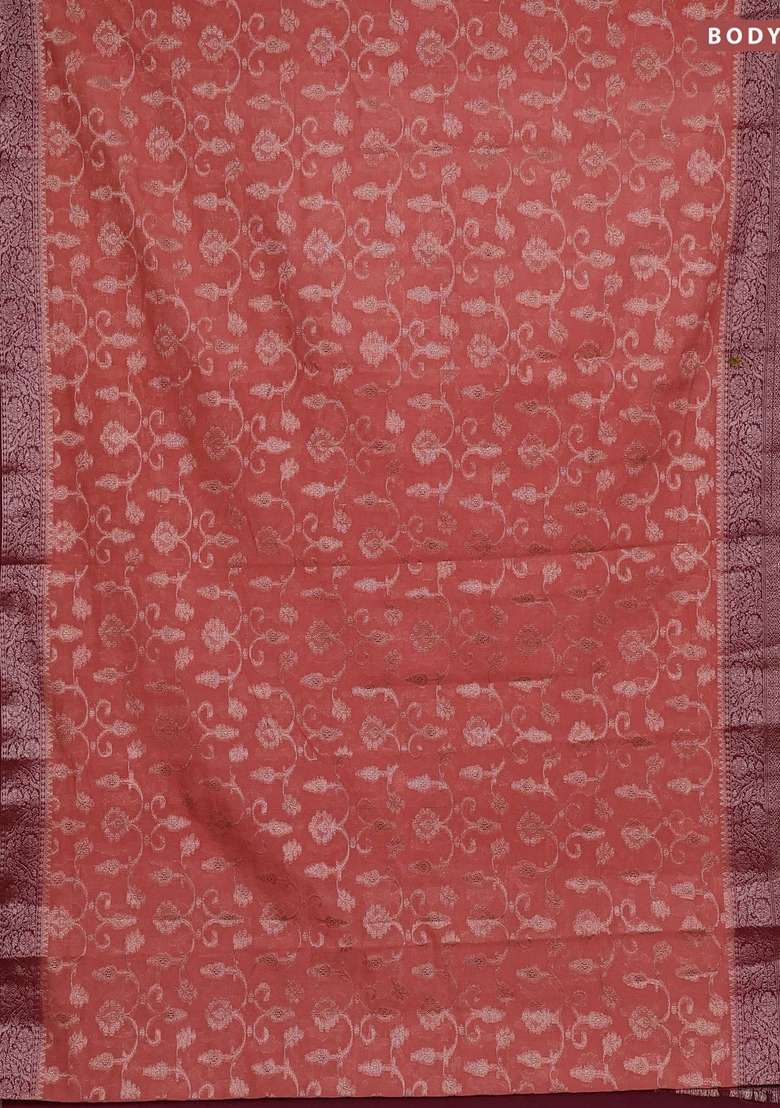 Semi Chiniya Silk Saree Dark Peach And Wine Shade With Allover Thread Zari Weaves And Long Woven Border With Traditional Woven Design For Women - Indya