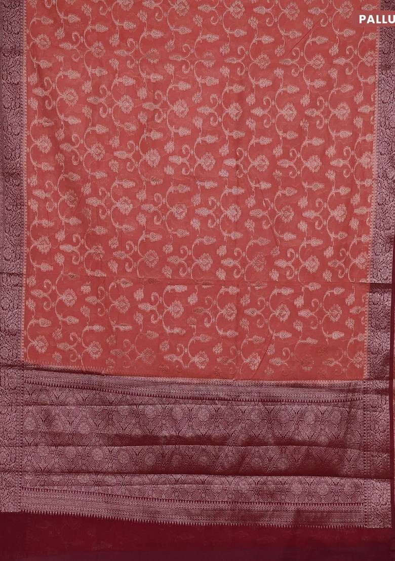 Semi Chiniya Silk Saree Dark Peach And Wine Shade With Allover Thread Zari Weaves And Long Woven Border With Traditional Woven Design For Women - Indya