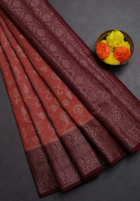 Semi Chiniya Silk Saree Dark Peach And Wine Shade With Allover Thread Zari Weaves And Long Woven Border With Traditional Woven Design For Women