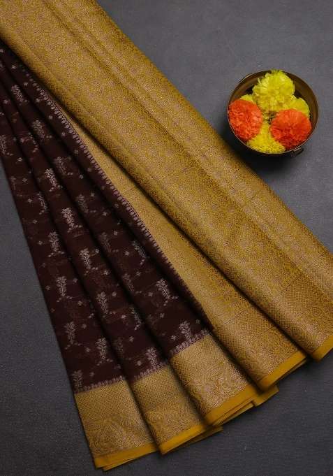 Semi Chiniya Silk Saree Coffee Brown And Mustard Yellow With Allover Thread Zari Woven Buttas And Woven With Buttas And Brocade Design For Women