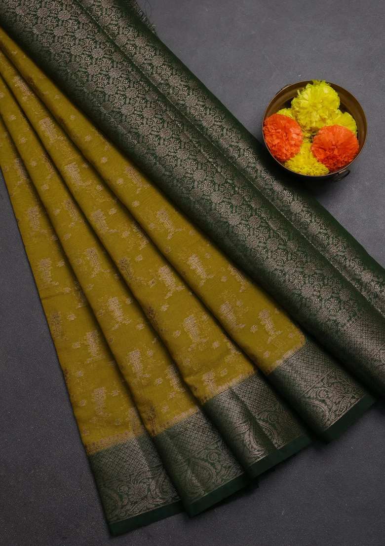 Semi Chiniya Silk Saree Mehendi Green And Bottle Green With Allover Thread Zari Woven Buttas And Woven Border With Buttas And Brocade Design For Women - Indya