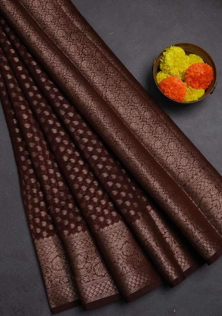 Semi Chiniya Silk Saree Coffee Brown With Allover Thread Zari Woven Paisley Buttas And Woven Border With Buttas And Brocade Design For Women - Indya