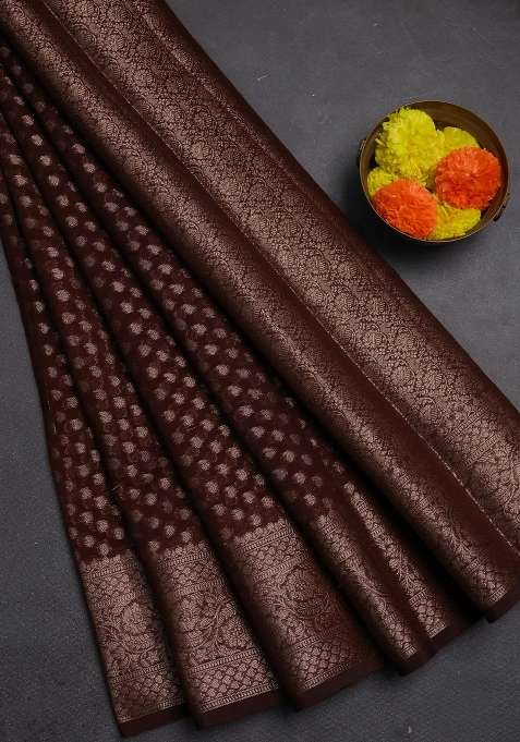 Semi Chiniya Silk Saree Coffee Brown With Allover Thread Zari Woven Paisley Buttas And Woven Border With Buttas And Brocade Design For Women
