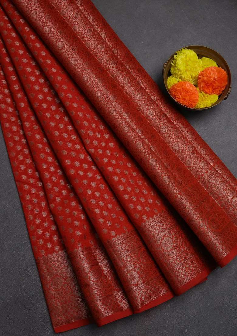 Semi Chiniya Silk Saree Orange With Allover Thread Zari Woven Paisley Buttas And Woven Border With Buttas And Brocade Design For Women - Indya
