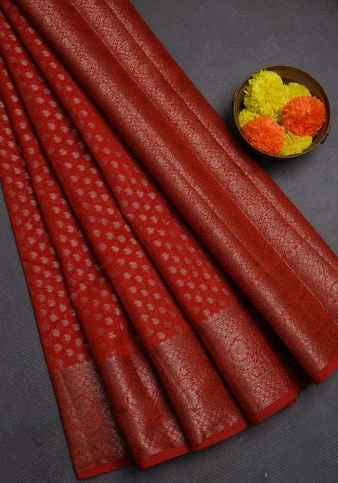 Semi Chiniya Silk Saree Orange With Allover Thread Zari Woven Paisley Buttas And Woven Border With Buttas And Brocade Design For Women