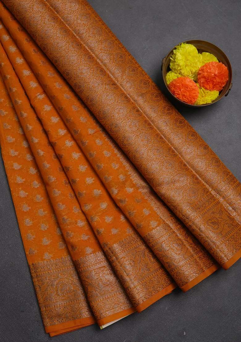 Semi Chiniya Silk Saree Mango Yellow With Allover Thread Zari Woven Buttas And Woven Border With Buttas And Brocade Design For Women - Indya